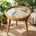 Botanical Bird Side Table | Handmade Mango Wood End Table | Round Accent Furniture