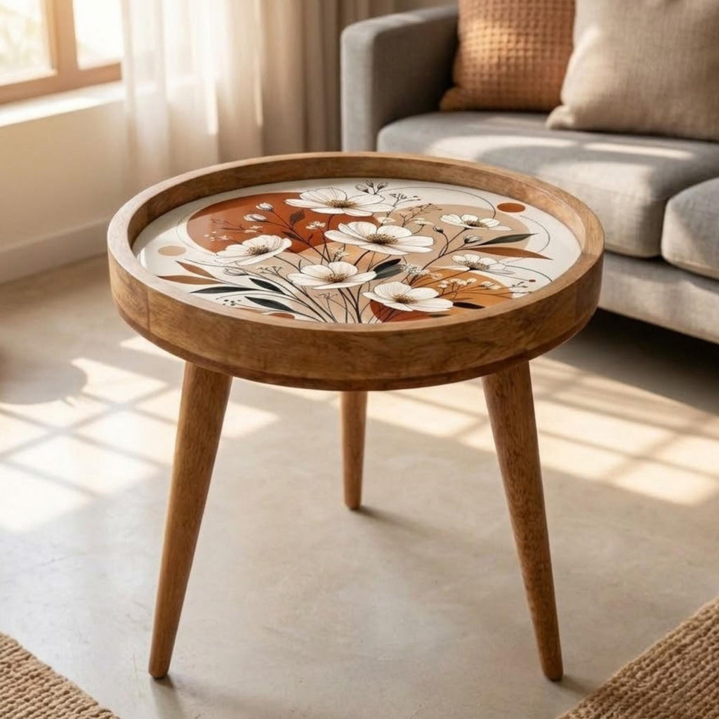 Handmade Mango Wood Side Table | Floral Printed Round Accent Boho Decor