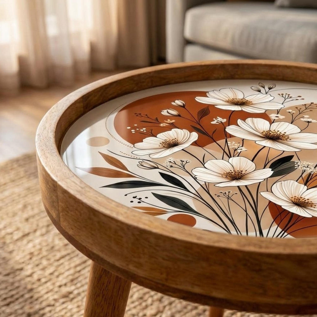 Handmade Mango Wood Side Table | Floral Printed Round Accent Boho Decor