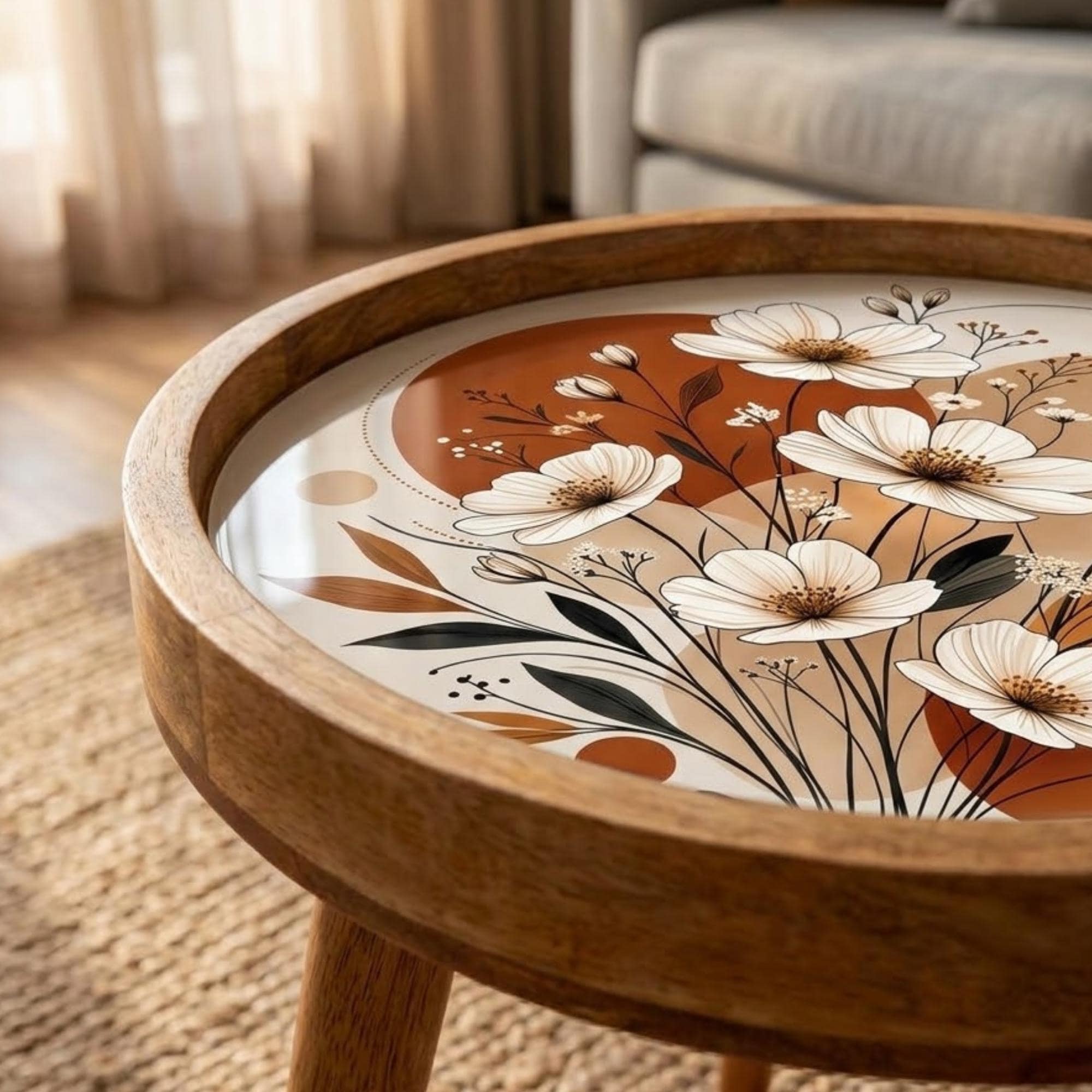 Handmade Mango Wood Side Table | Floral Printed Round Accent Boho Decor