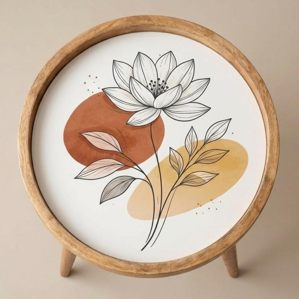 Handmade Mango Wood Side Table | Minimal Floral Print Round Accent Table