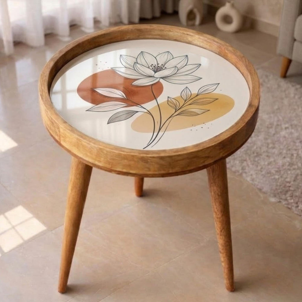 Handmade Mango Wood Side Table | Minimal Floral Print Round Accent Table