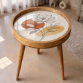Handmade Mango Wood Side Table | Minimal Floral Print Round Accent Table