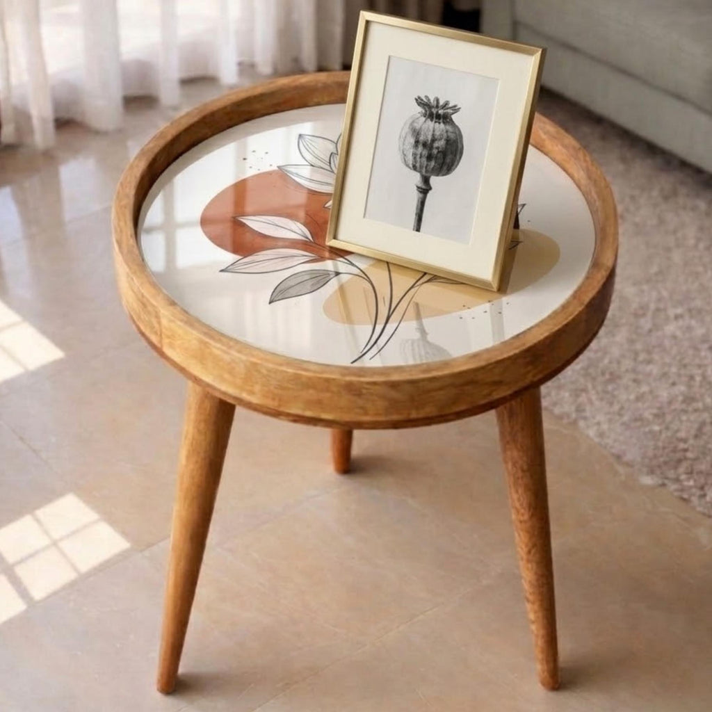 Handmade Mango Wood Side Table | Minimal Floral Print Round Accent Table