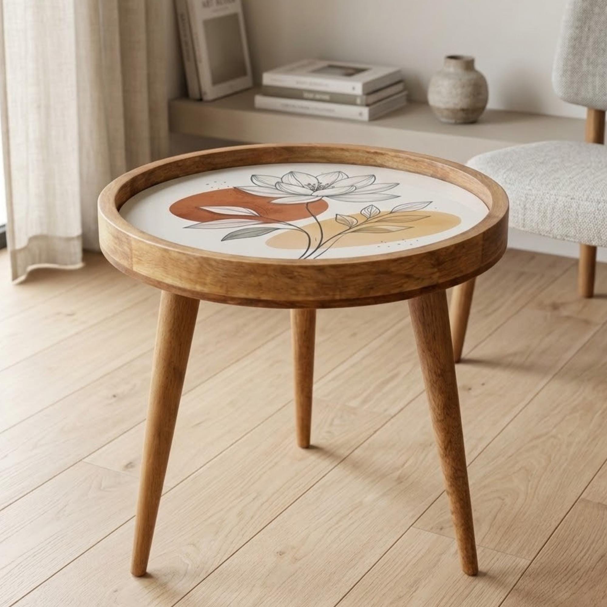Handmade Mango Wood Side Table | Minimal Floral Print Round Accent Table