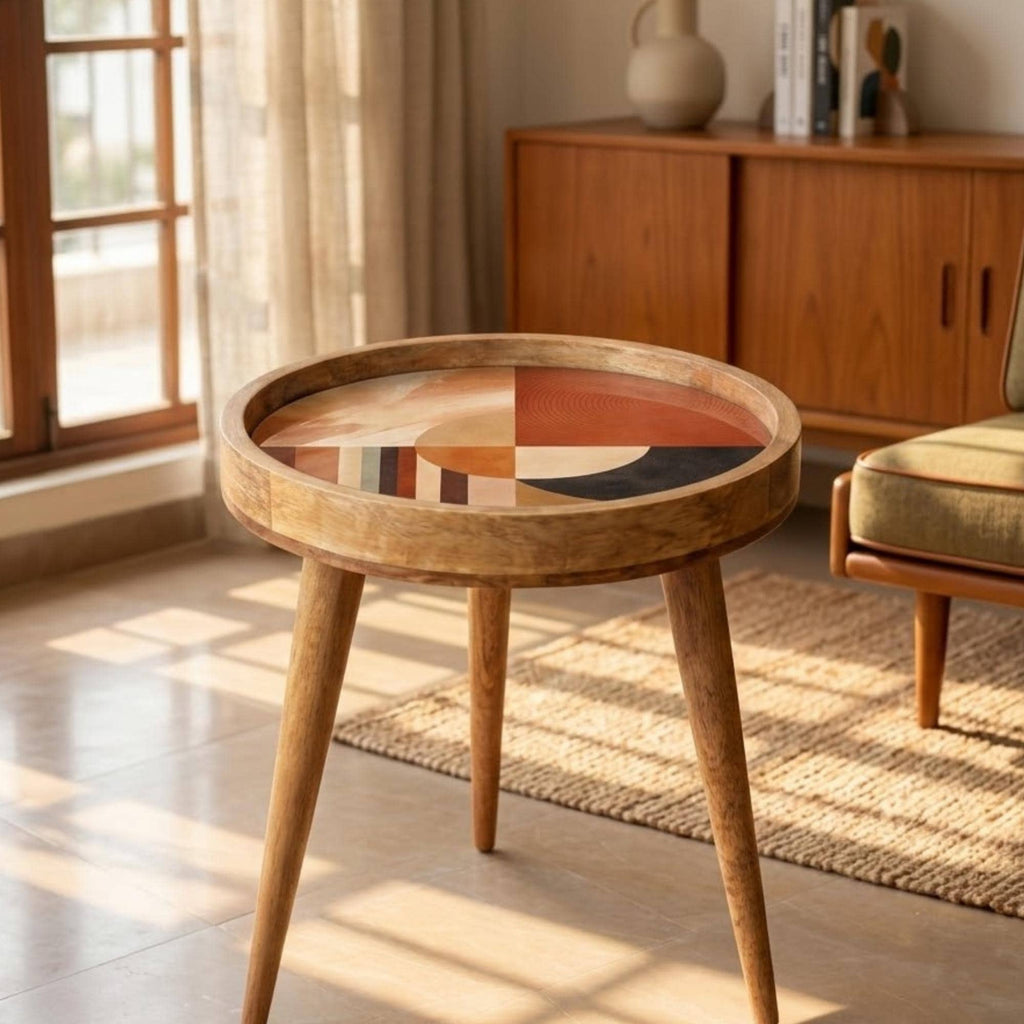 Handmade Mango Wood Side Table | Abstract Geometric Print, Round Accent Furniture