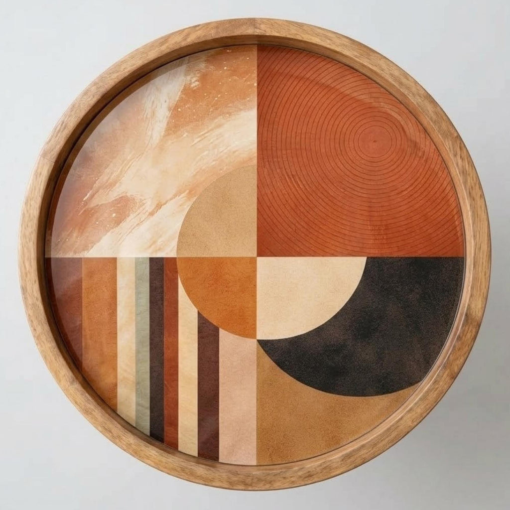 Handmade Mango Wood Side Table | Abstract Geometric Print, Round Accent Furniture