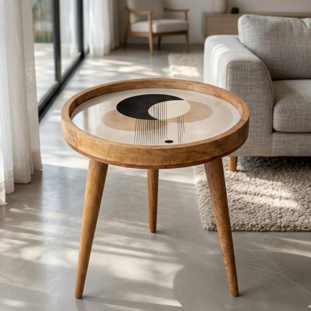 Handmade Mango Wood Side Table | Abstract Geometric Print, Modern Accent Furniture