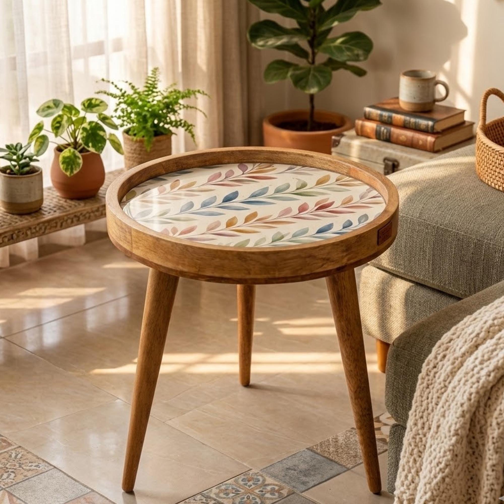 Handmade Mango Wood Side Table | Botanical Leaf Print Round Accent Boho Decor