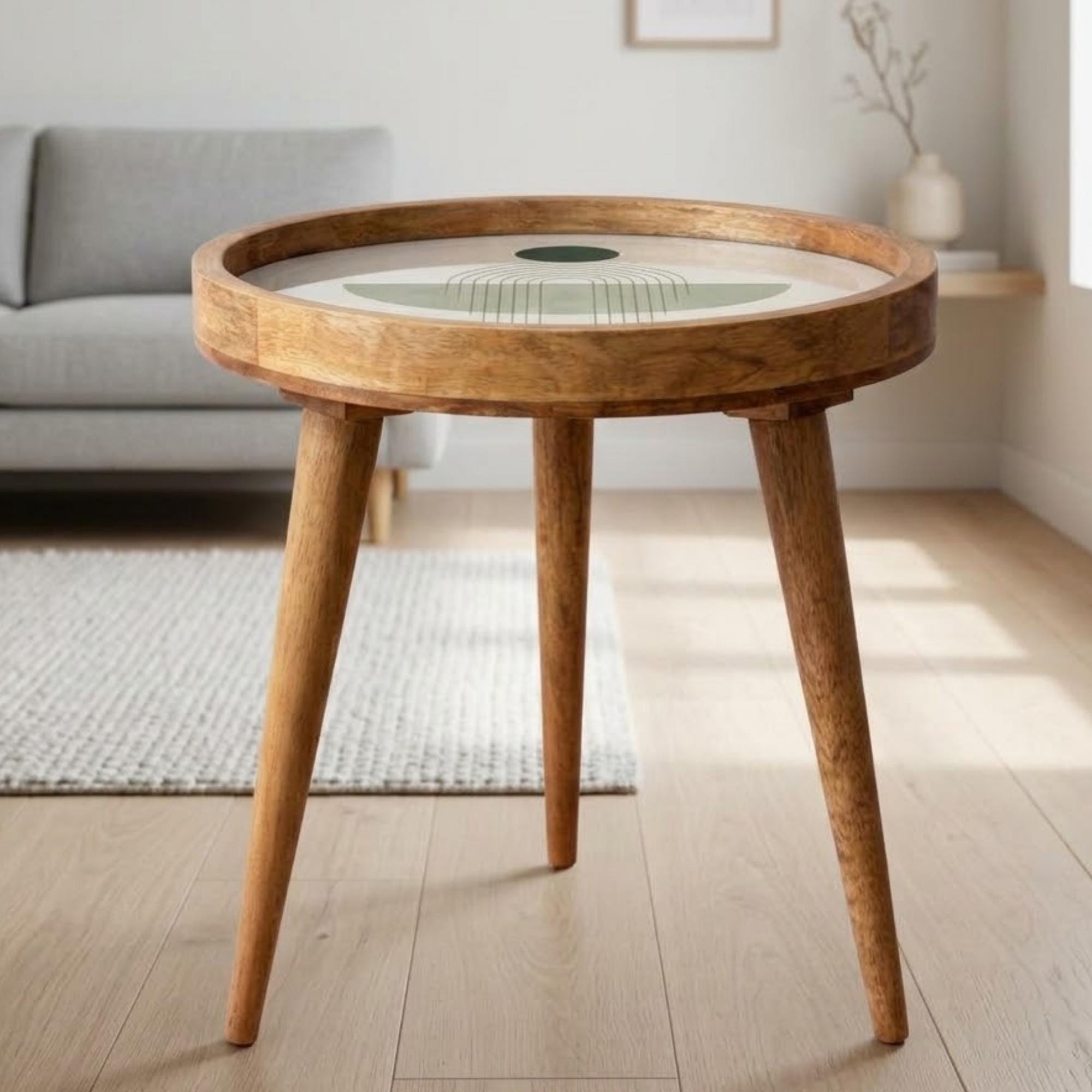 Handmade Mango Wood Side Table | Minimal Geometric Print Accent Table