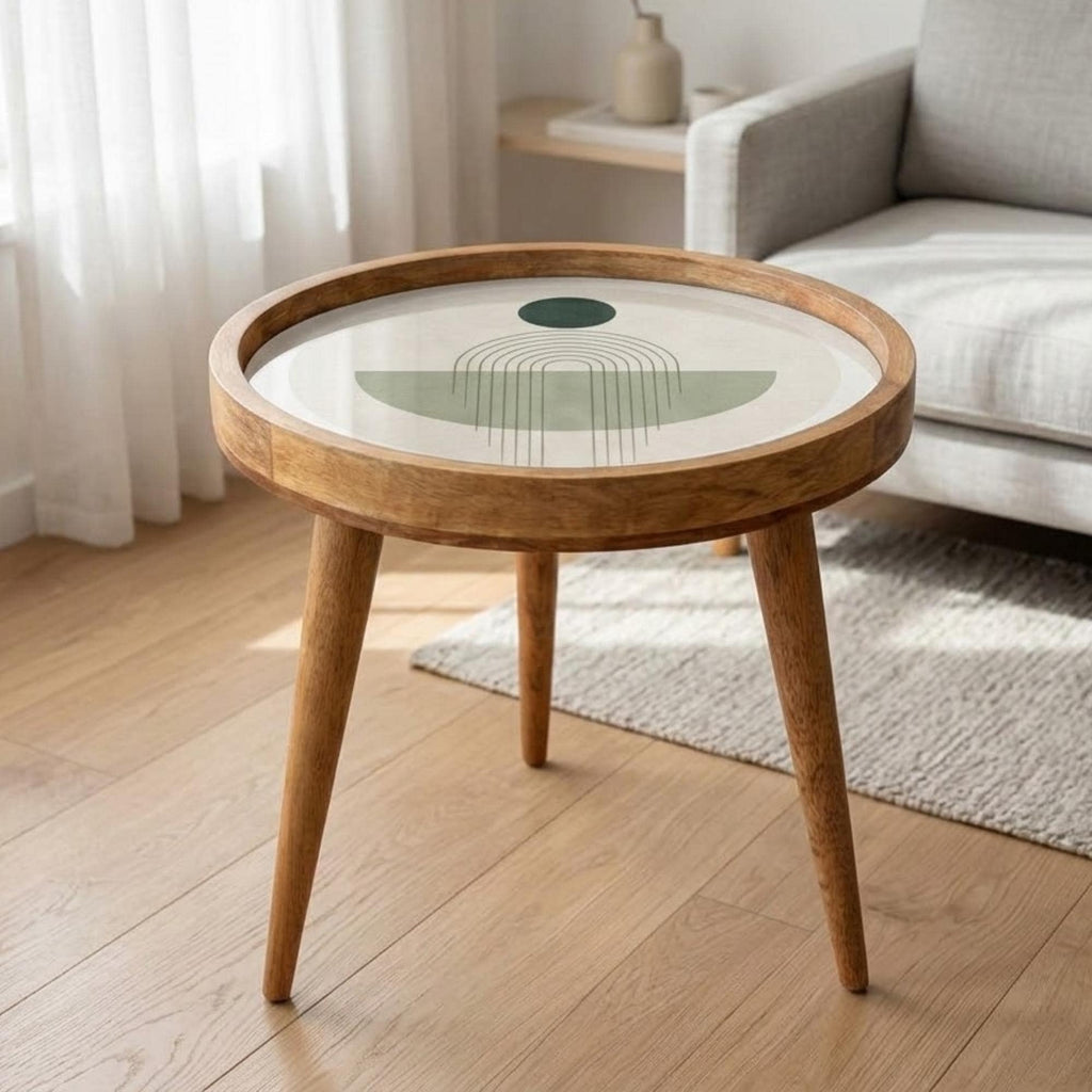 Handmade Mango Wood Side Table | Minimal Geometric Print Accent Table