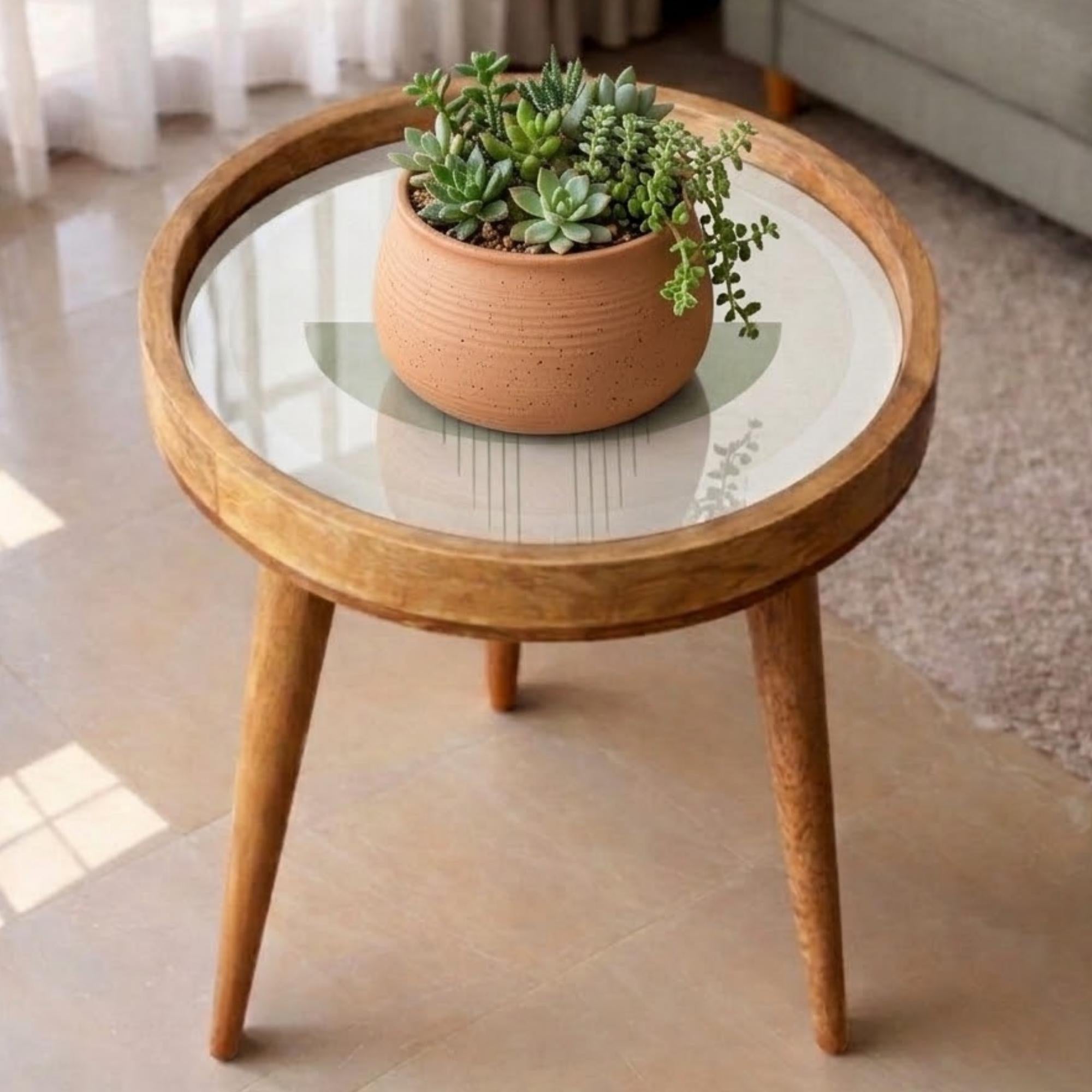 Handmade Mango Wood Side Table | Minimal Geometric Print Accent Table
