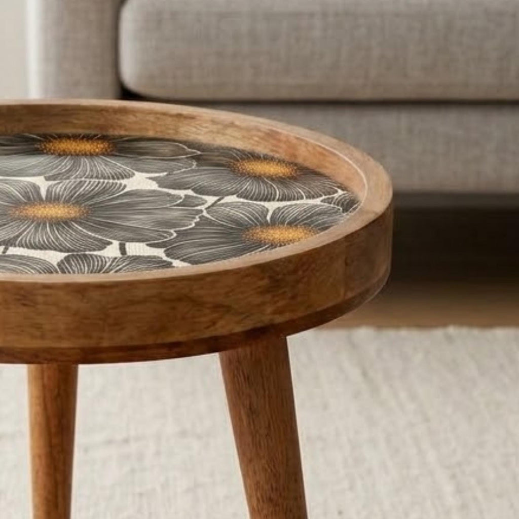 Handmade Mango Wood Side Table | Black Floral Print Accent Table