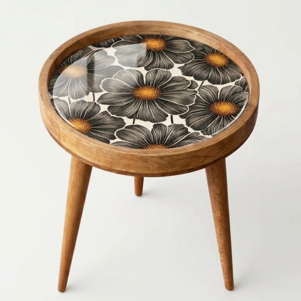 Handmade Mango Wood Side Table | Black Floral Print Accent Table