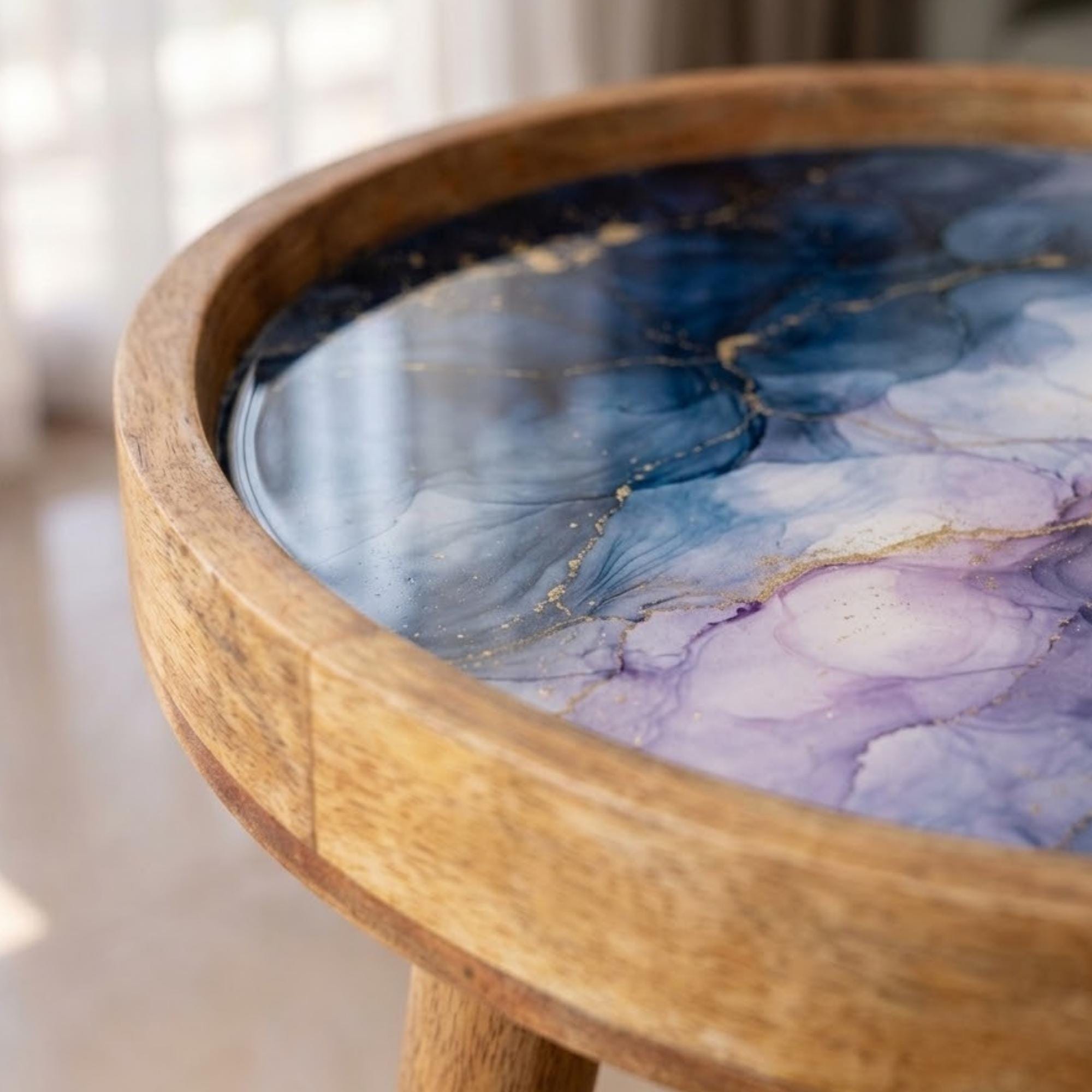 Handmade Mango Wood Side Table | Blue Marble Print Round Accent Table