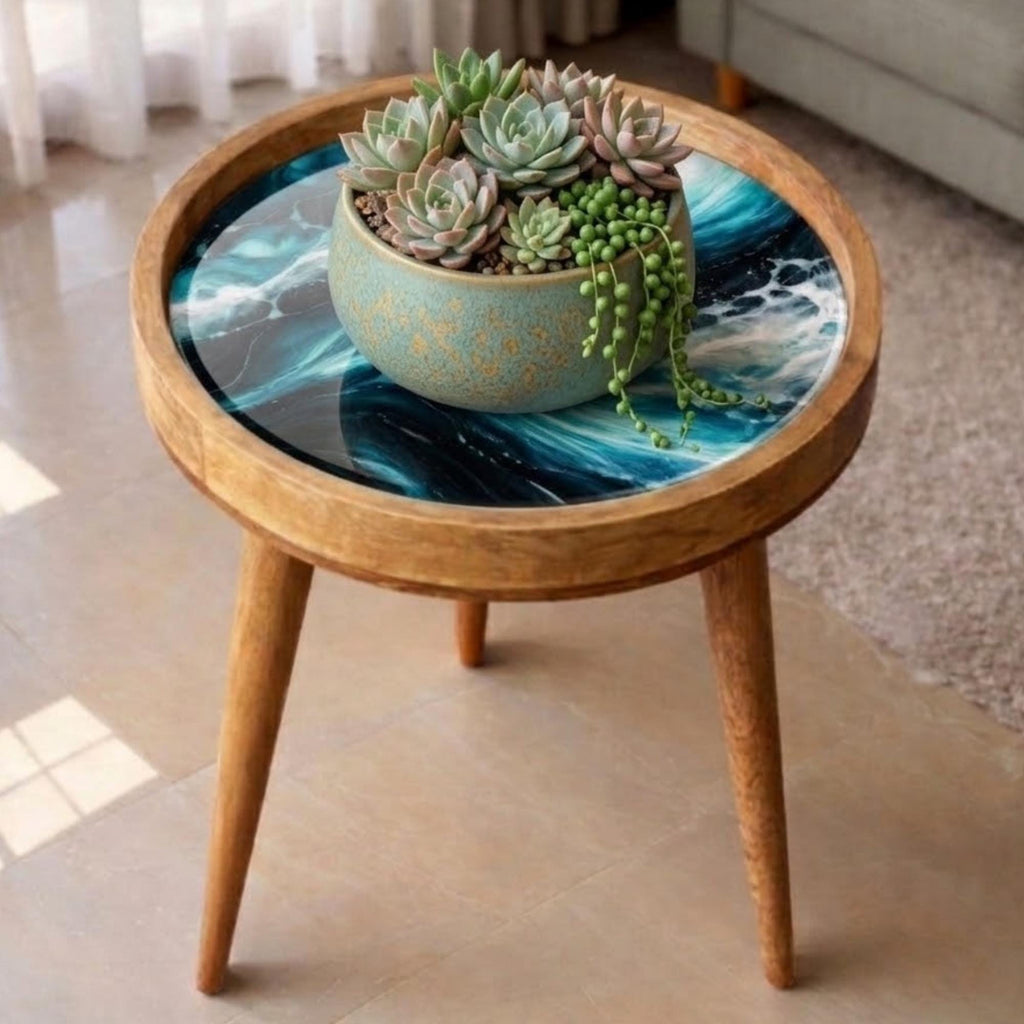 Handmade Mango Wood Side Table | Ocean Wave Printed Round Accent Table