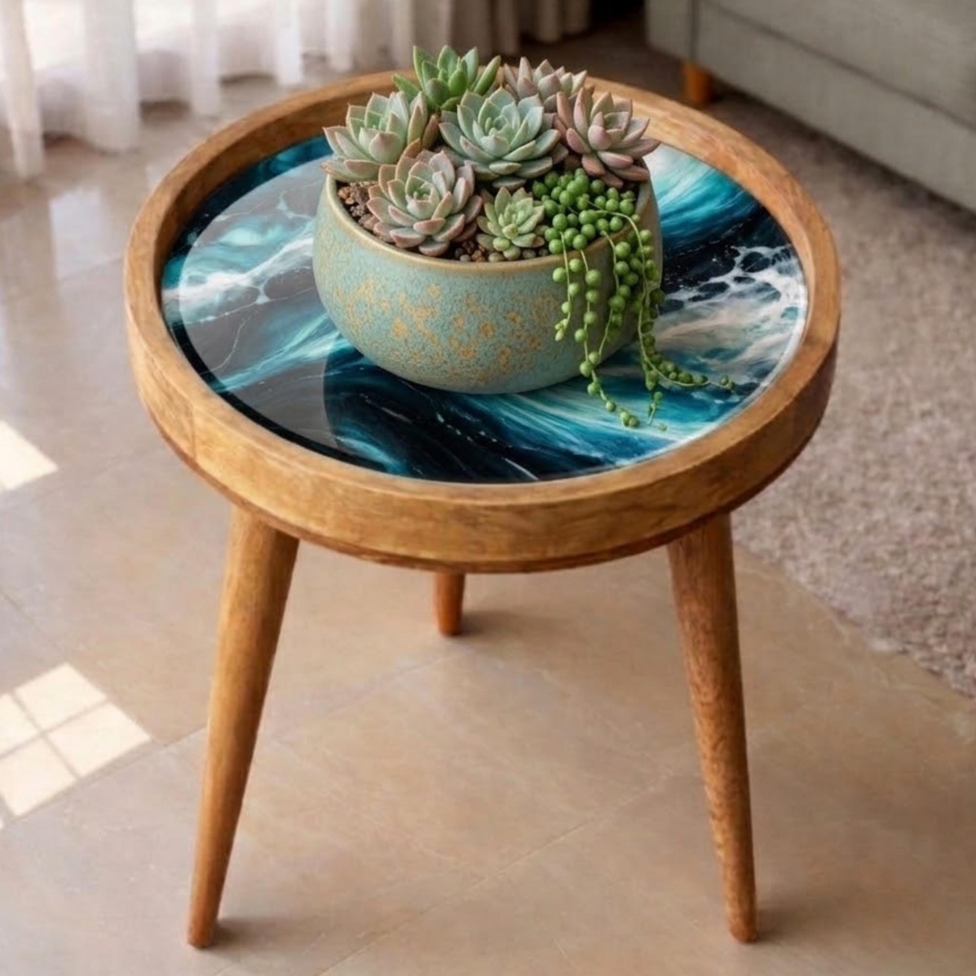 Handmade Mango Wood Side Table | Ocean Wave Printed Round Accent Table