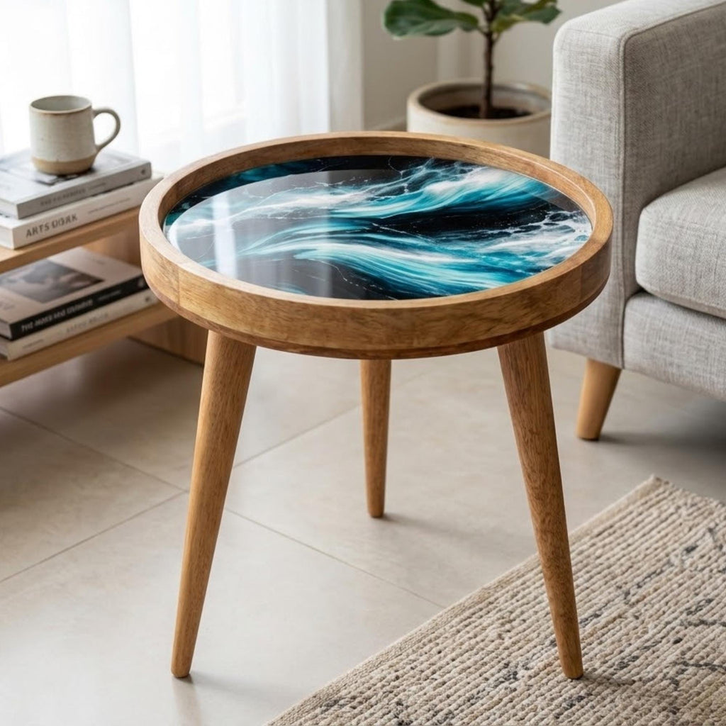 Handmade Mango Wood Side Table | Ocean Wave Printed Round Accent Table