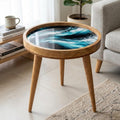 Handmade Mango Wood Side Table | Ocean Wave Printed Round Accent Table