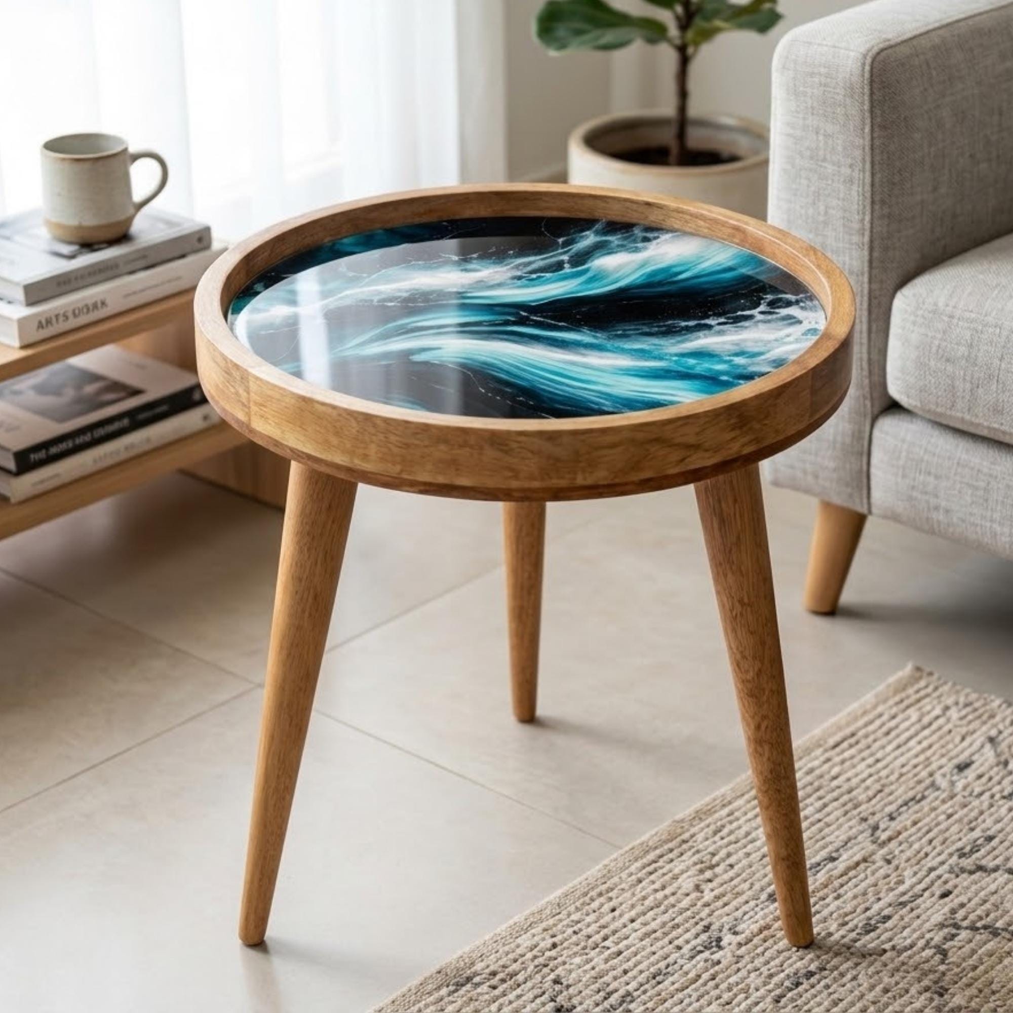 Handmade Mango Wood Side Table | Ocean Wave Printed Round Accent Table