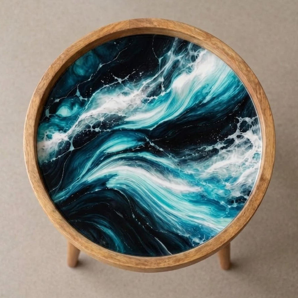 Handmade Mango Wood Side Table | Ocean Wave Printed Round Accent Table