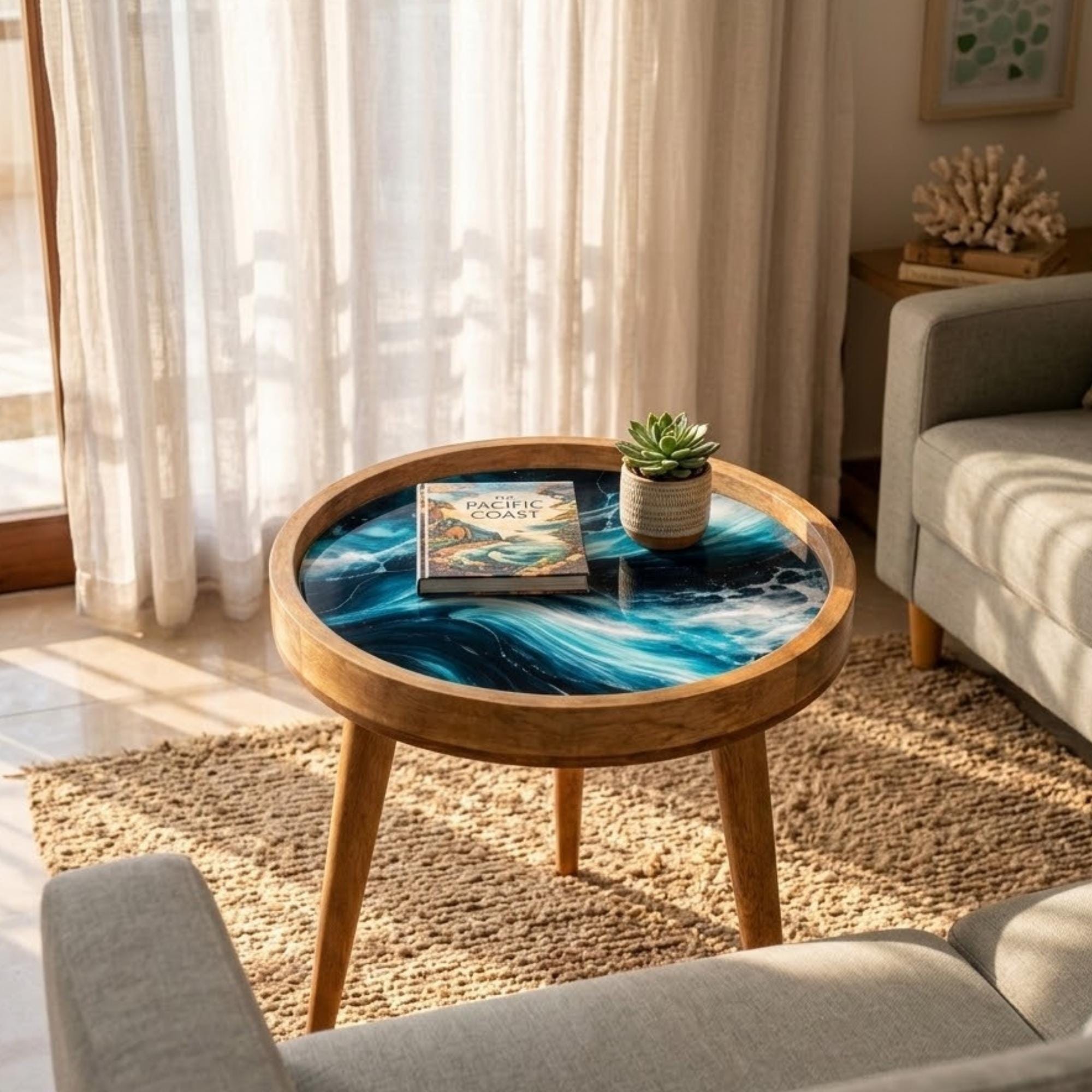 Handmade Mango Wood Side Table | Ocean Wave Printed Round Accent Table