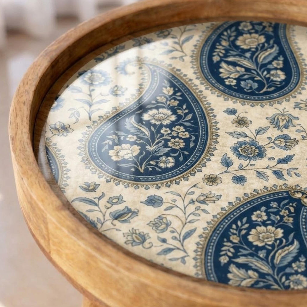 Handmade Mango Wood Side Table | Blue Paisley Print Round Accent Boho Decor
