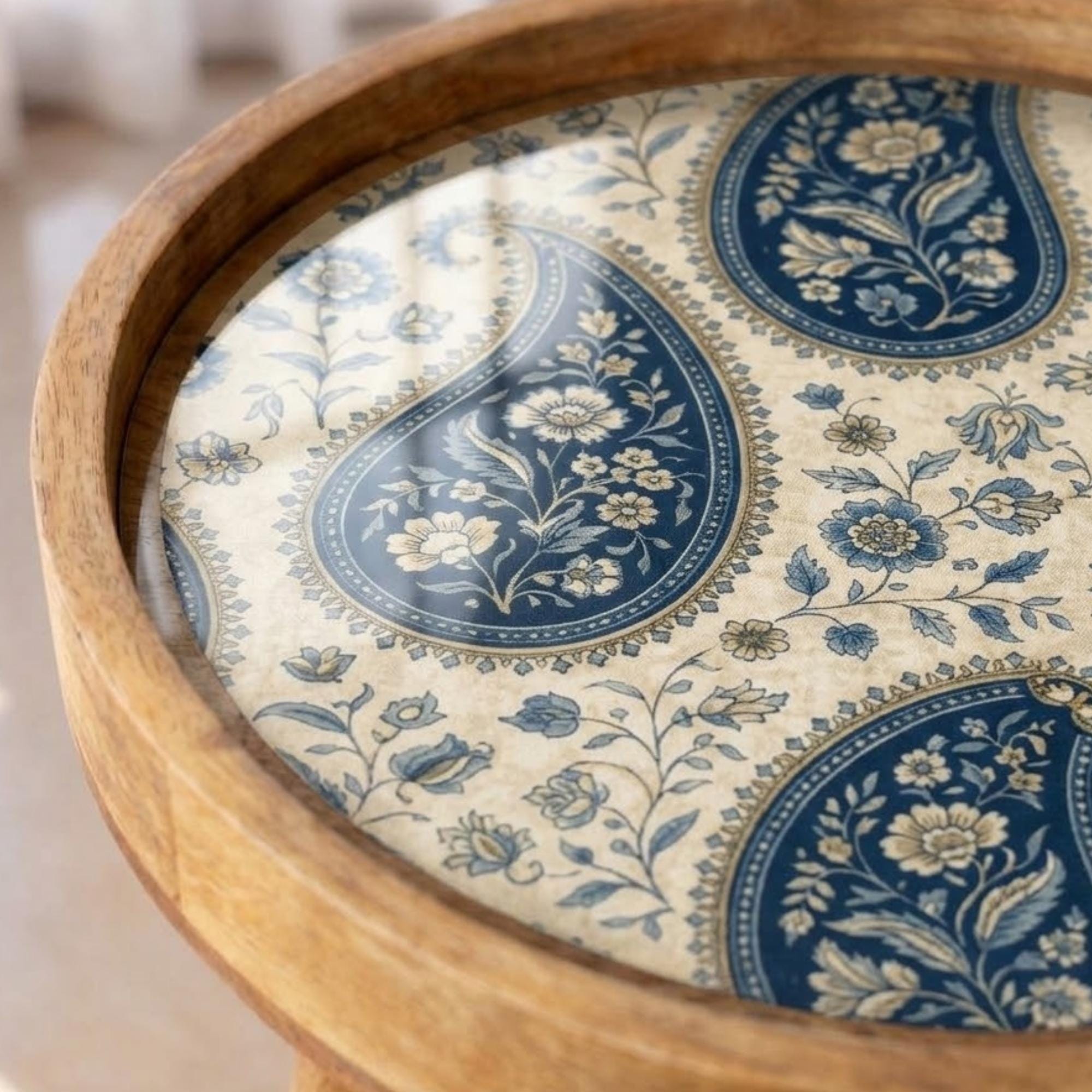 Handmade Mango Wood Side Table | Blue Paisley Print Round Accent Boho Decor