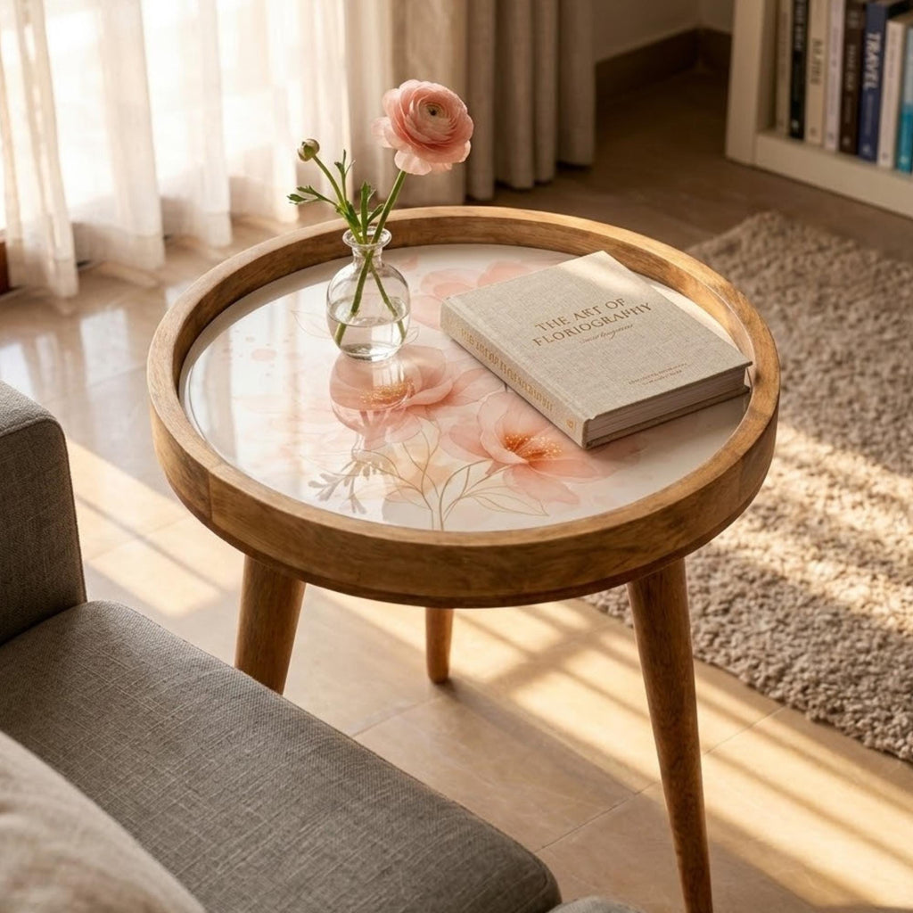 Handmade Mango Wood Side Table | Peach Floral Print Accent Table
