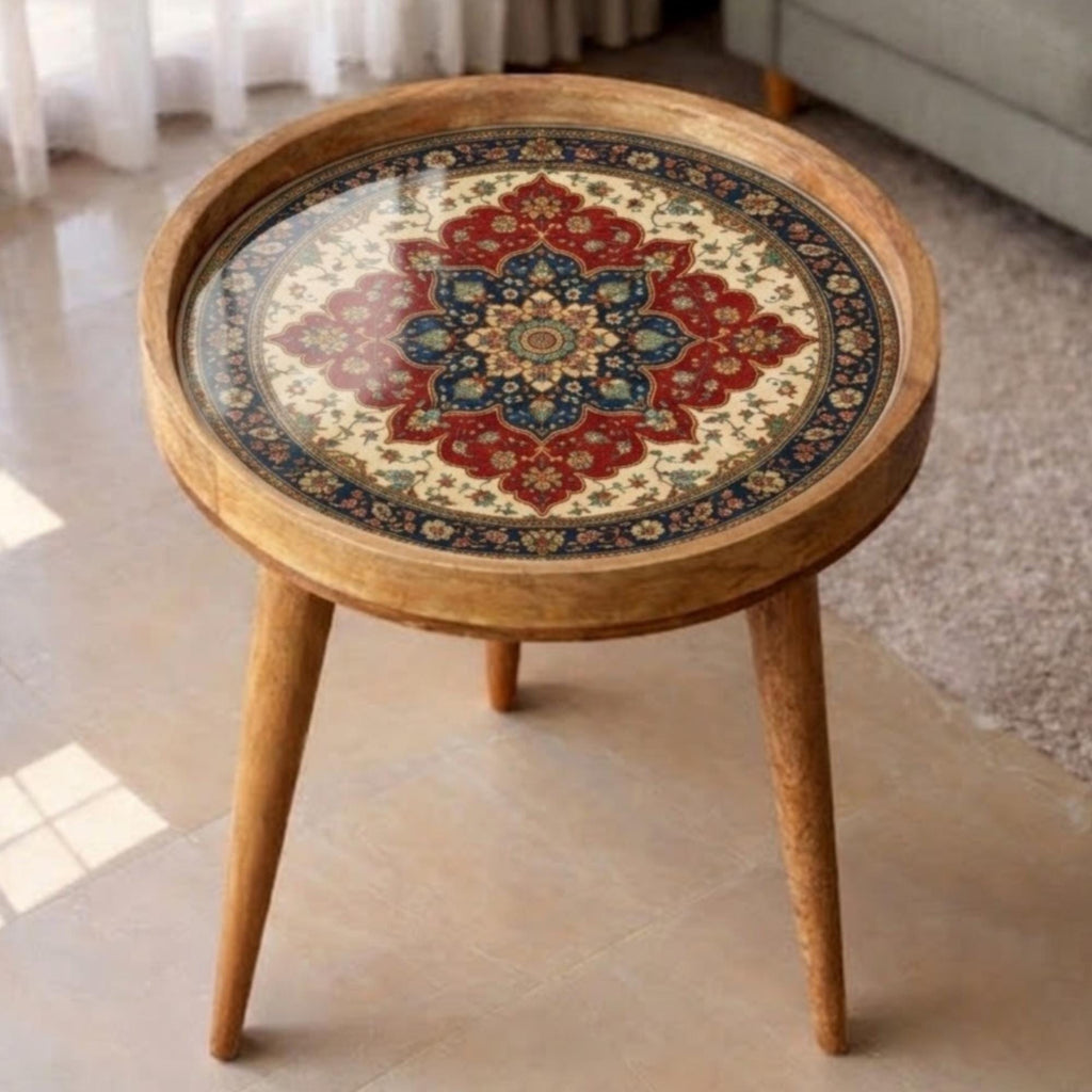 Handmade Mango Wood Side Table | Persian Mandala Print Accent Round Boho Decor