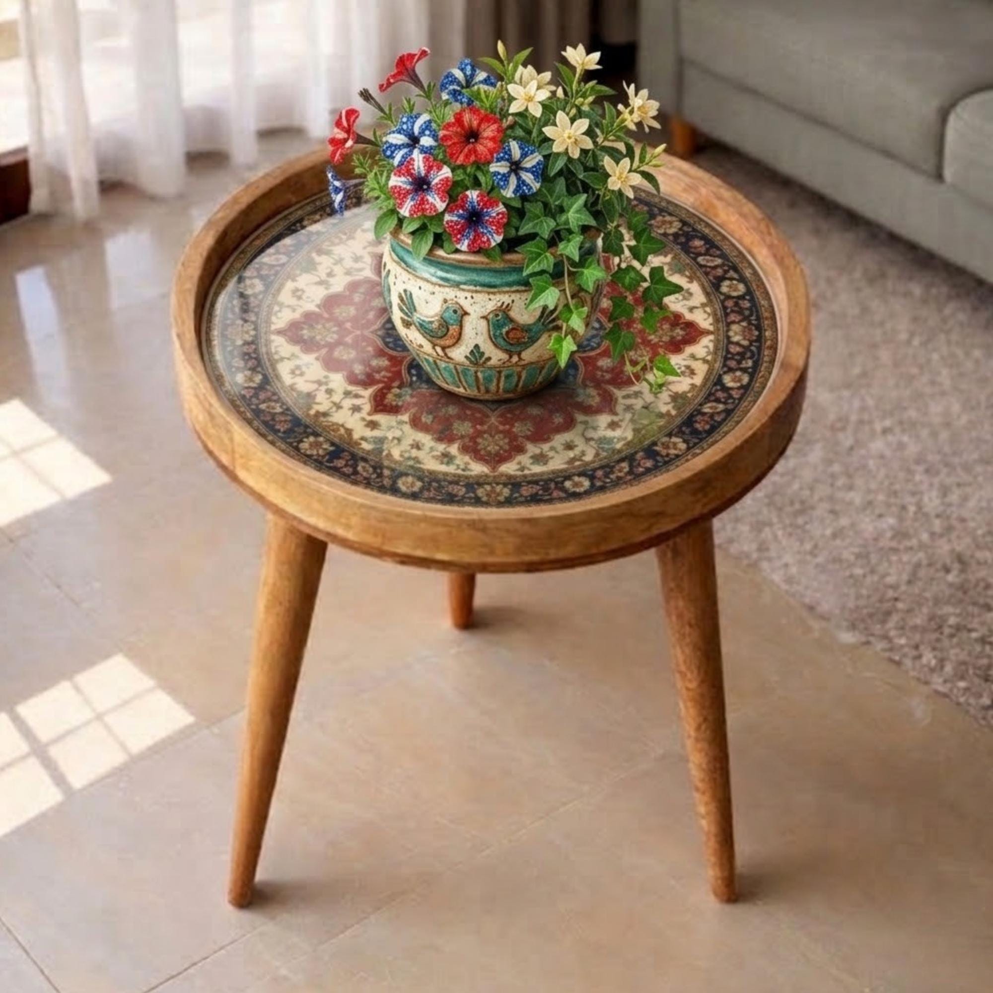 Handmade Mango Wood Side Table | Persian Mandala Print Accent Round Boho Decor