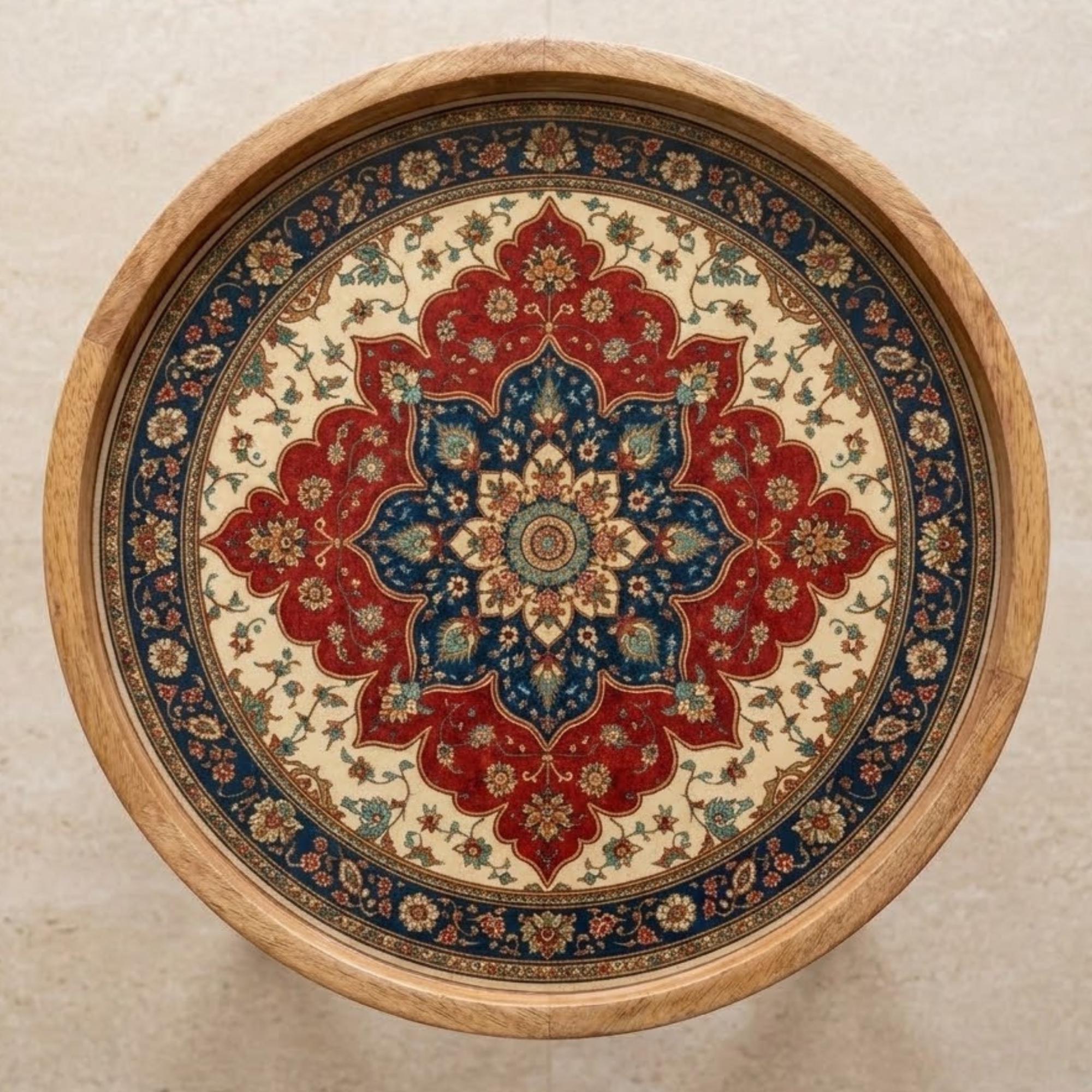 Handmade Mango Wood Side Table | Persian Mandala Print Accent Round Boho Decor