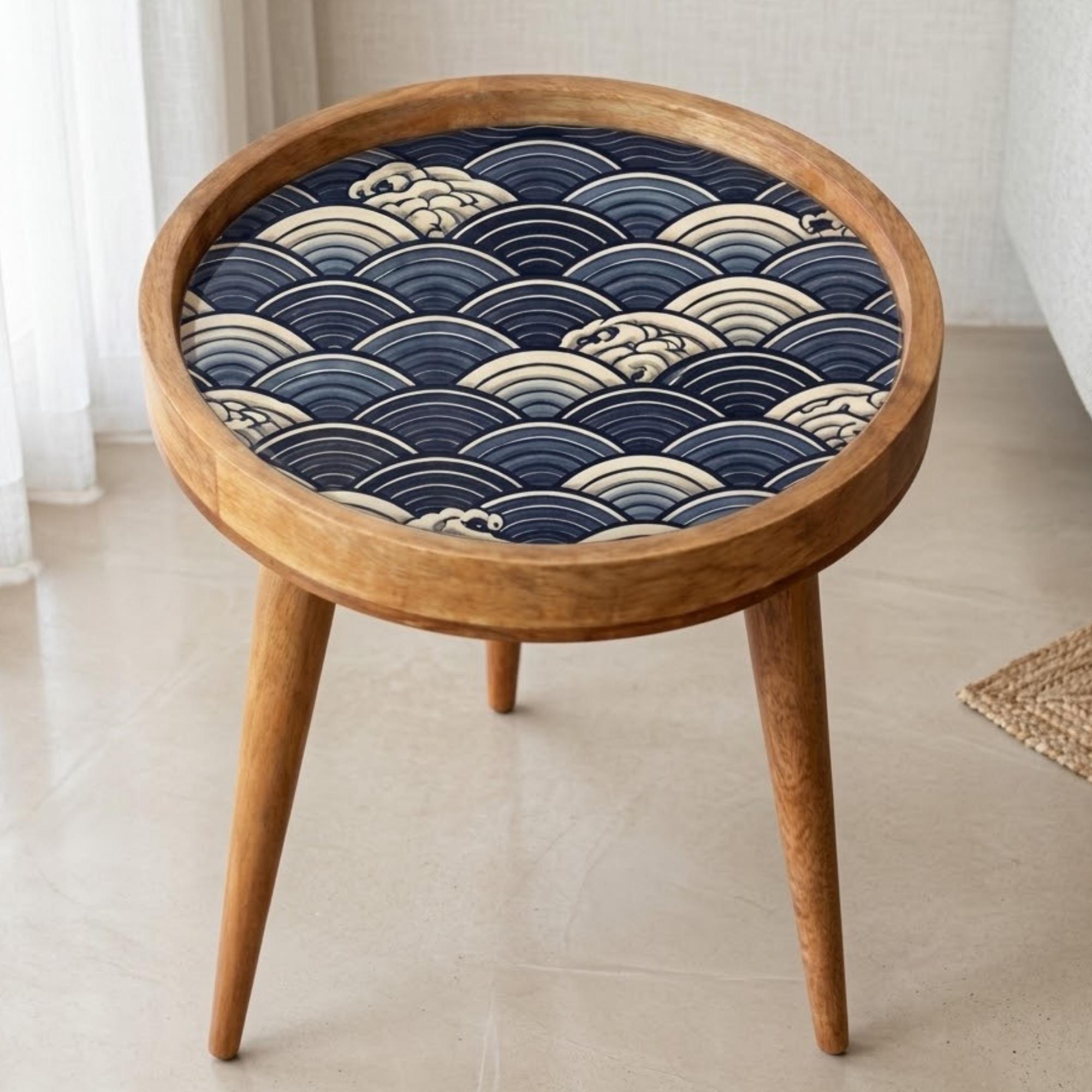 Handmade Mango Wood Side Table | Japanese Wave Print Accent Table