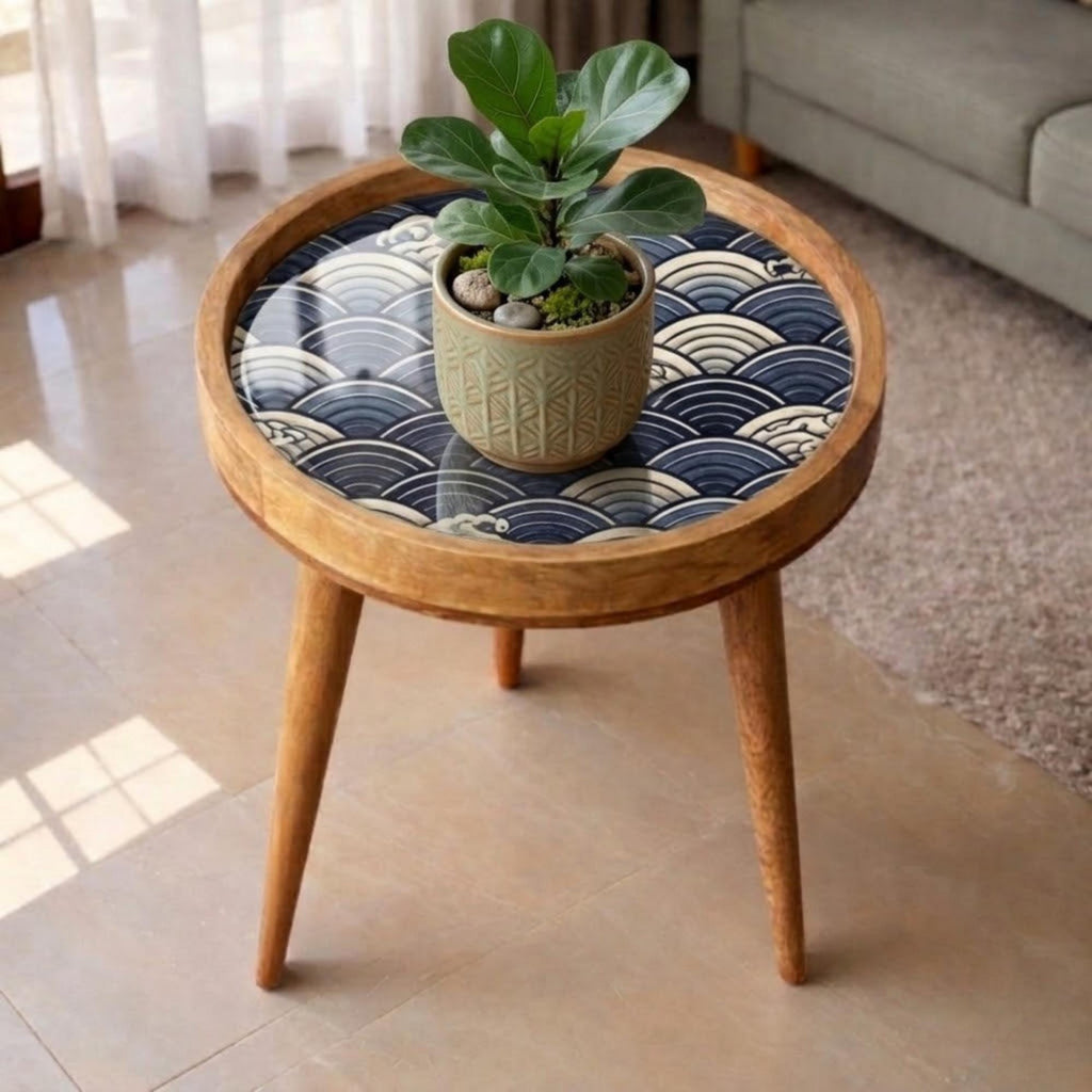 Handmade Mango Wood Side Table | Japanese Wave Print Accent Table