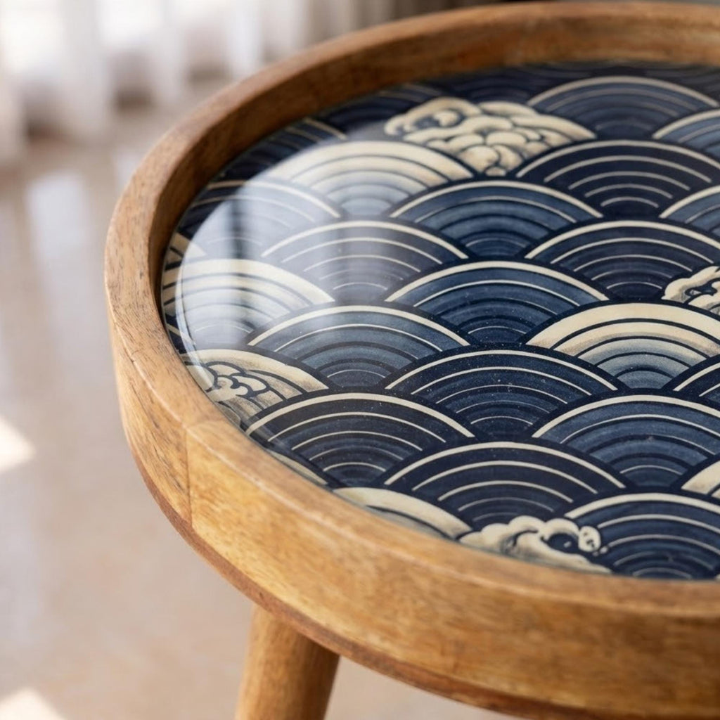 Handmade Mango Wood Side Table | Japanese Wave Print Accent Table