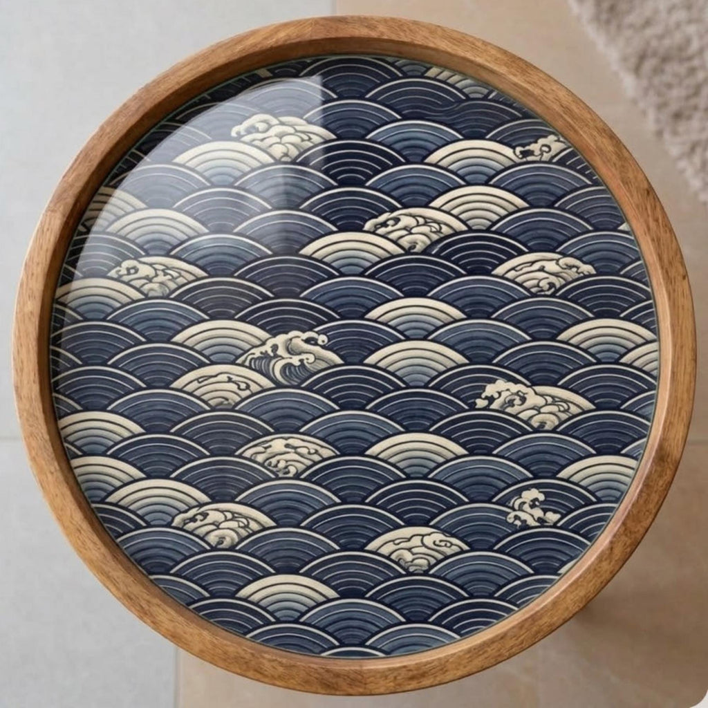 Handmade Mango Wood Side Table | Japanese Wave Print Accent Table