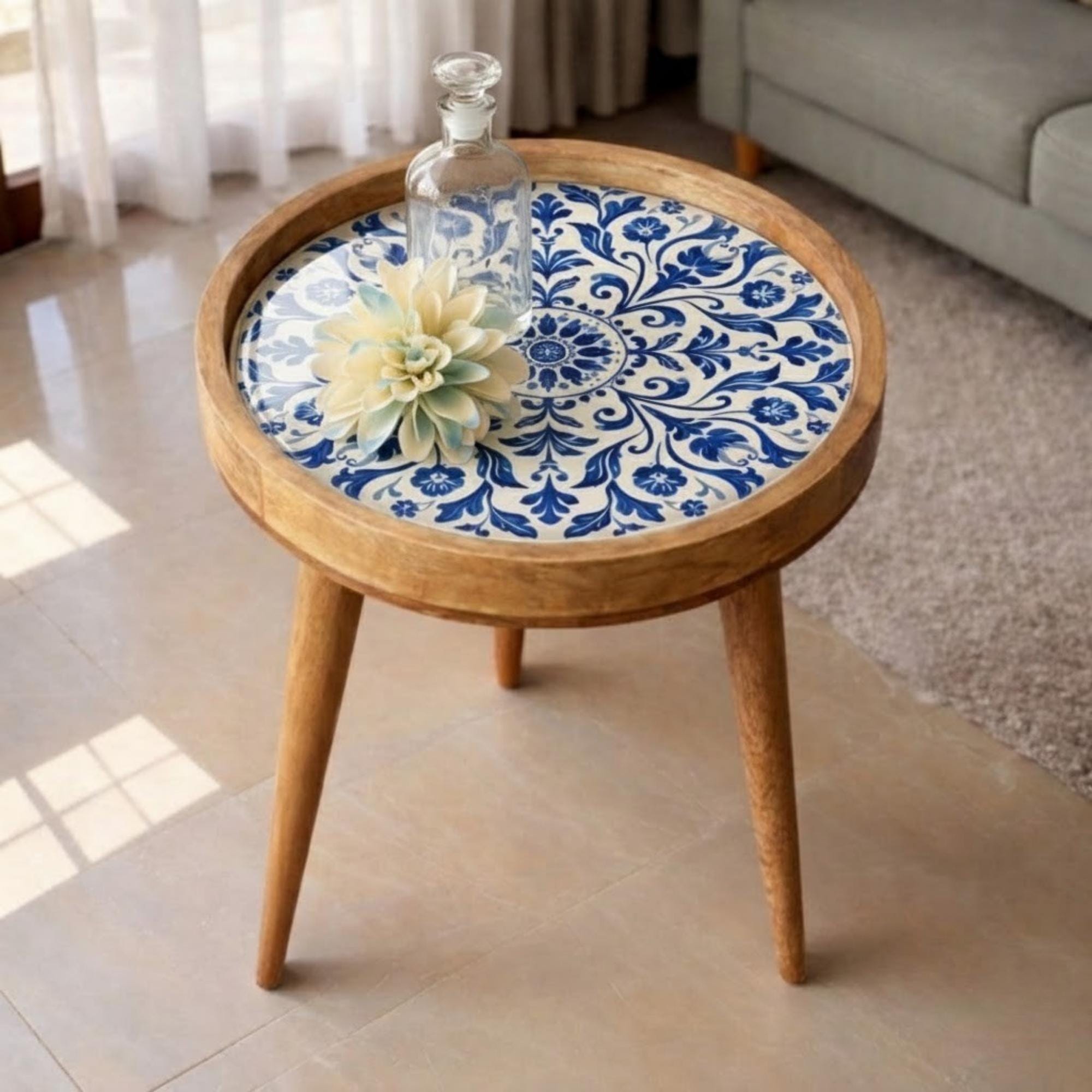 Handmade Mango Wood Side Table | Blue Tile Printed Round Accent Table