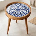 Handmade Mango Wood Side Table | Blue Tile Printed Round Accent Table