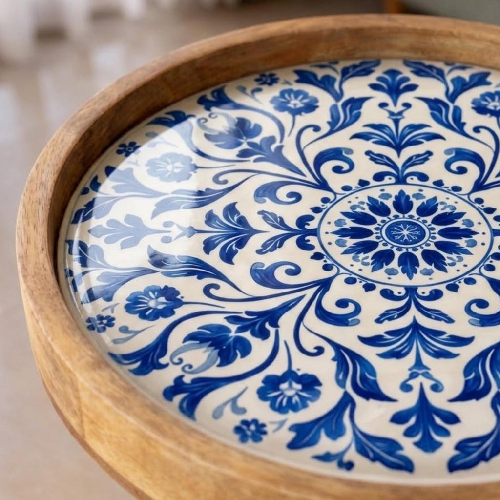 Handmade Mango Wood Side Table | Blue Tile Printed Round Accent Table