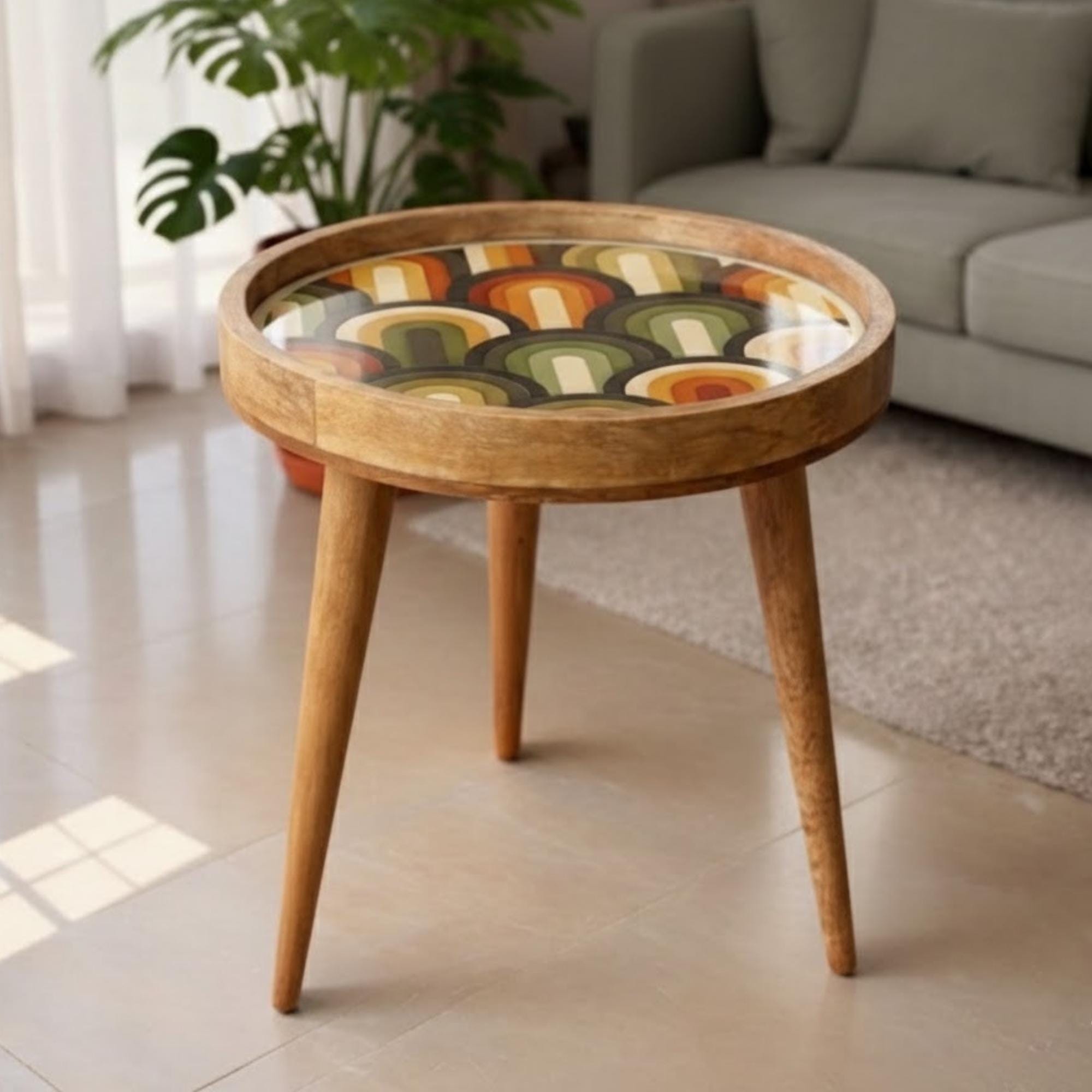 Handmade Mango Wood Side Table | Retro Geometric Print, Mid-Century Accent