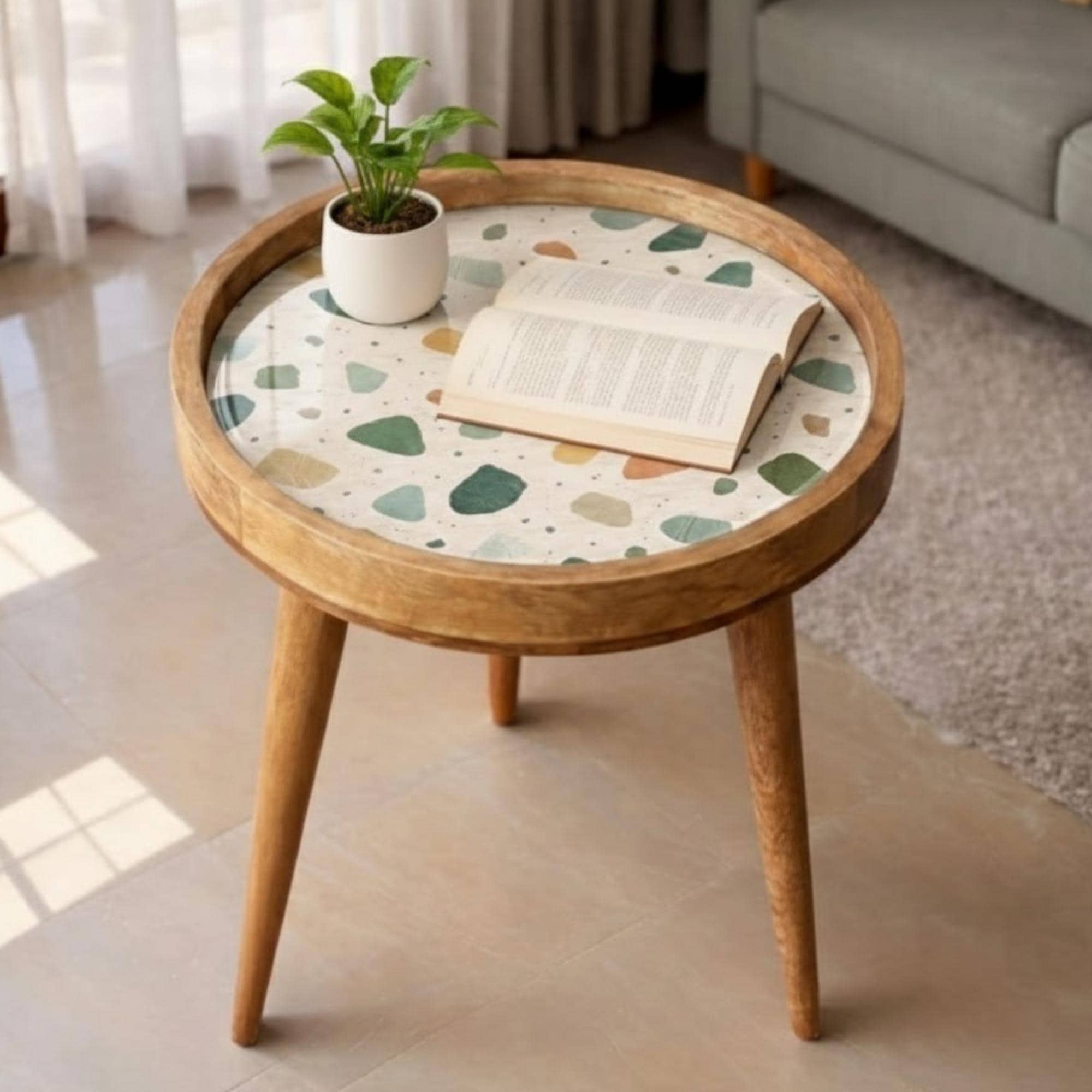 Handmade Mango Wood Side Table | Terrazzo Print Round Accent Table
