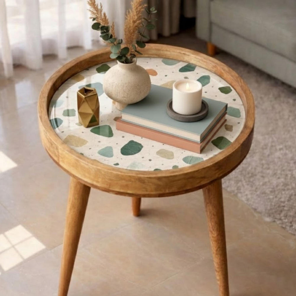 Handmade Mango Wood Side Table | Terrazzo Print Round Accent Table