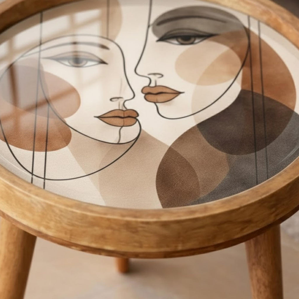 Handmade Mango Wood Side Table | Abstract Face Print Round Accent Table