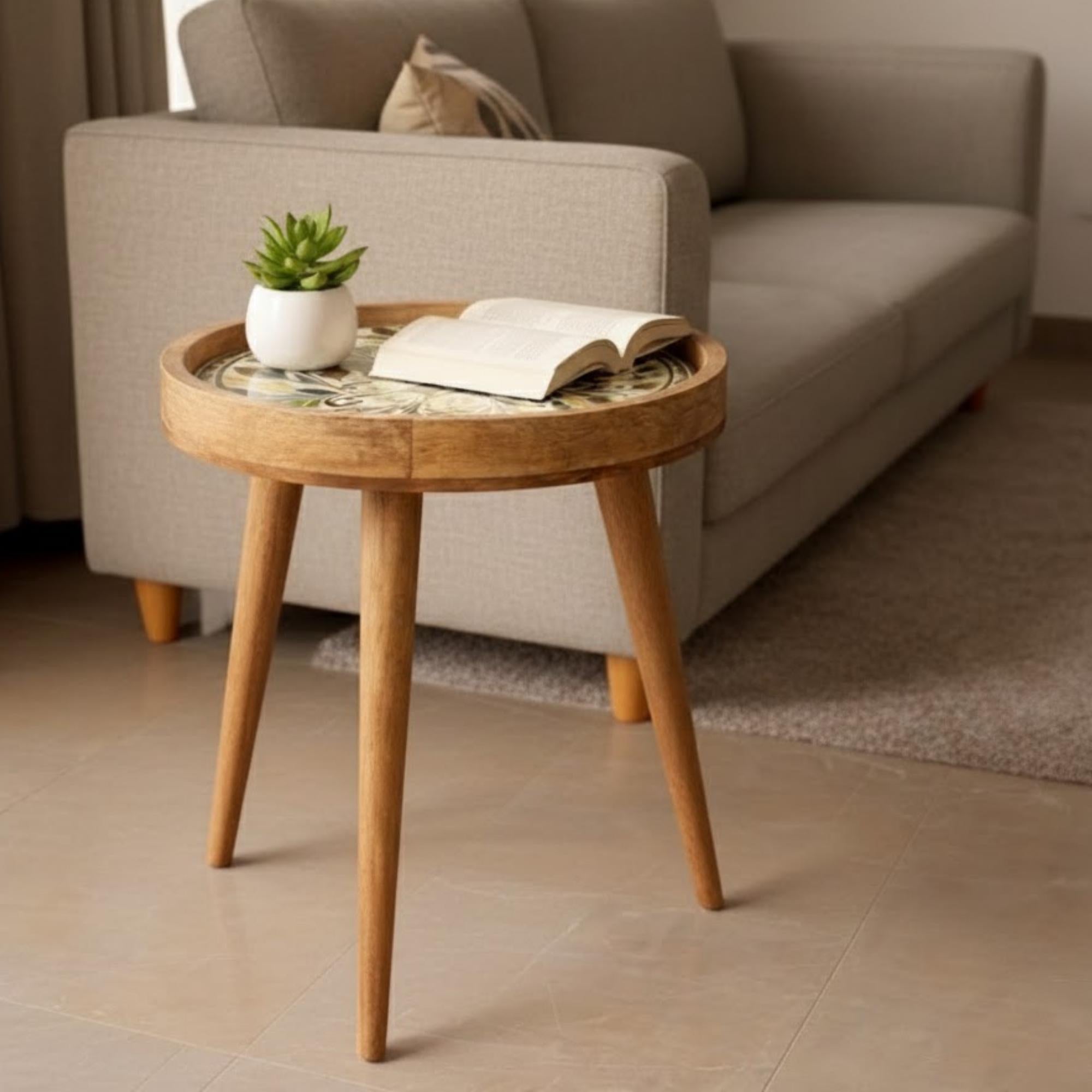 Handmade Mango Wood Side Table | Vintage Tile Print Round Accent Table