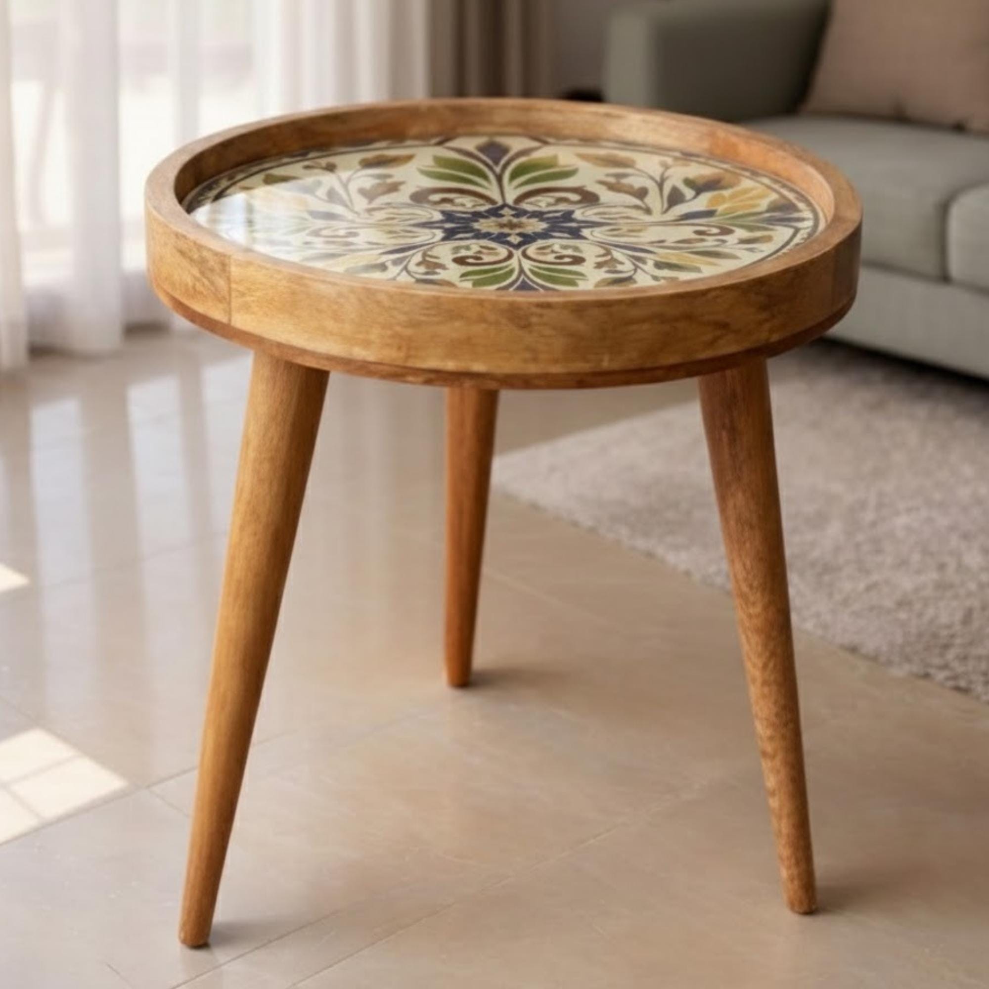 Handmade Mango Wood Side Table | Vintage Tile Print Round Accent Table