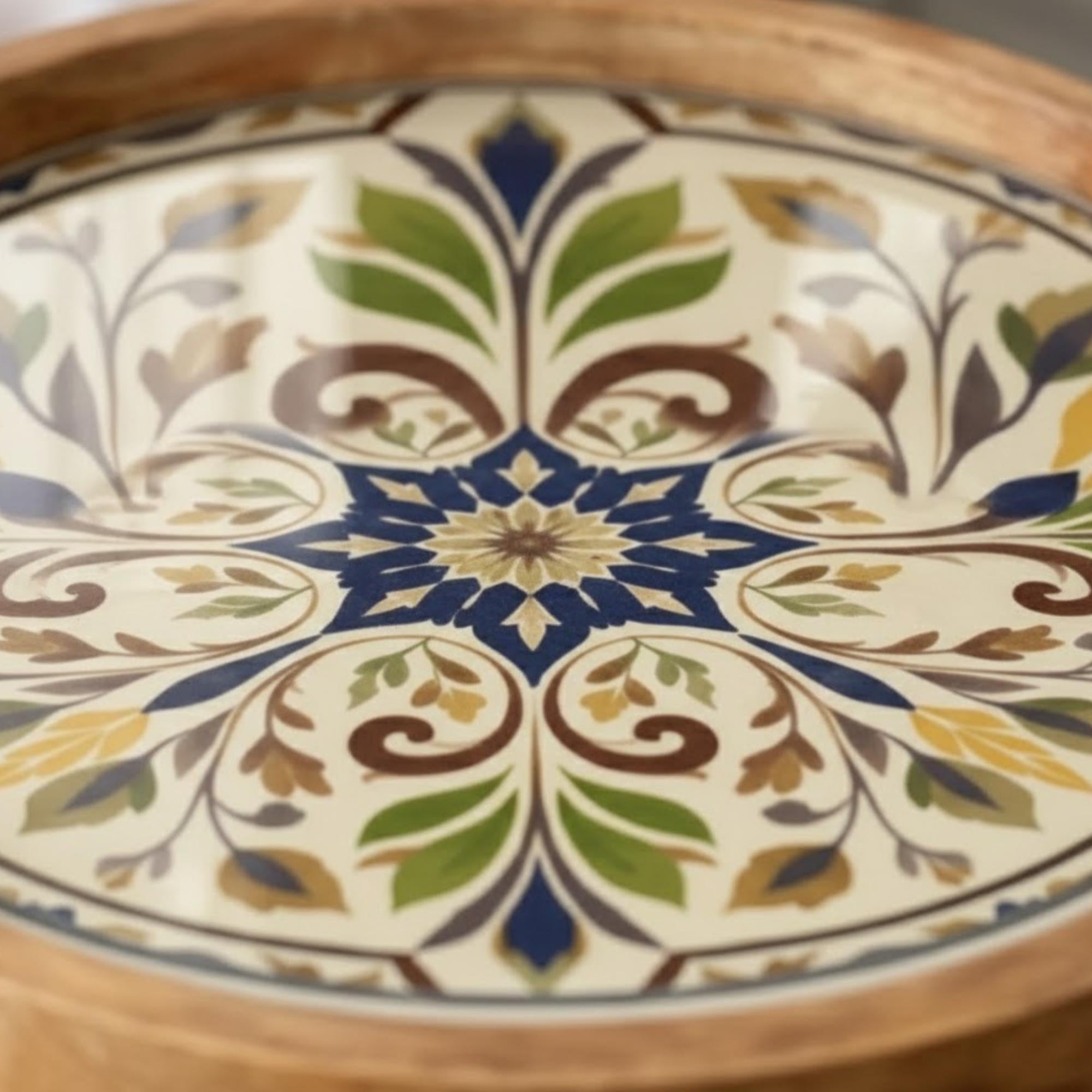 Handmade Mango Wood Side Table | Vintage Tile Print Round Accent Table