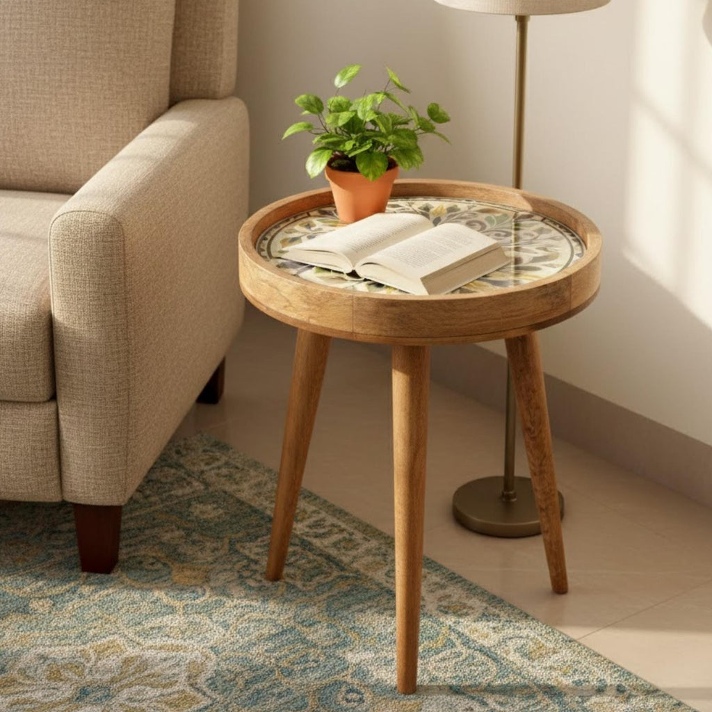 Handmade Mango Wood Side Table | Vintage Tile Print Round Accent Table