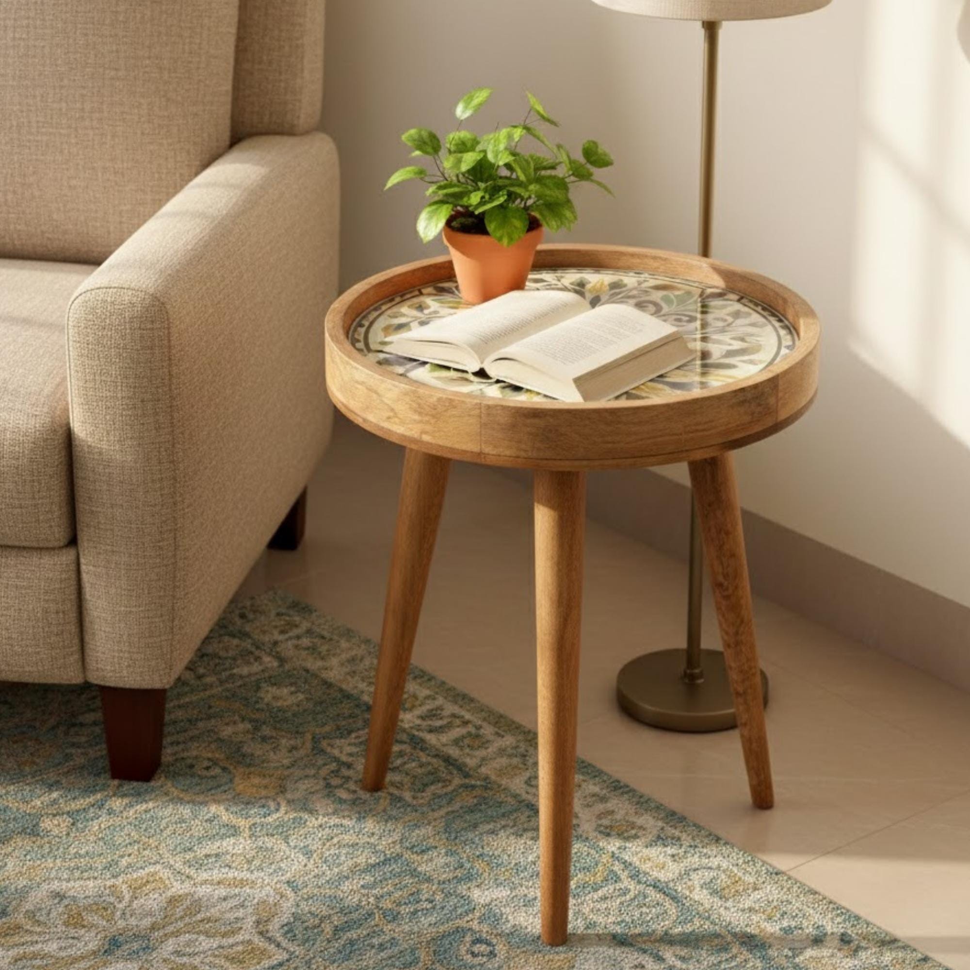 Handmade Mango Wood Side Table | Vintage Tile Print Round Accent Table