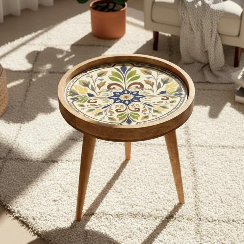 Handmade Mango Wood Side Table | Vintage Tile Print Round Accent Table