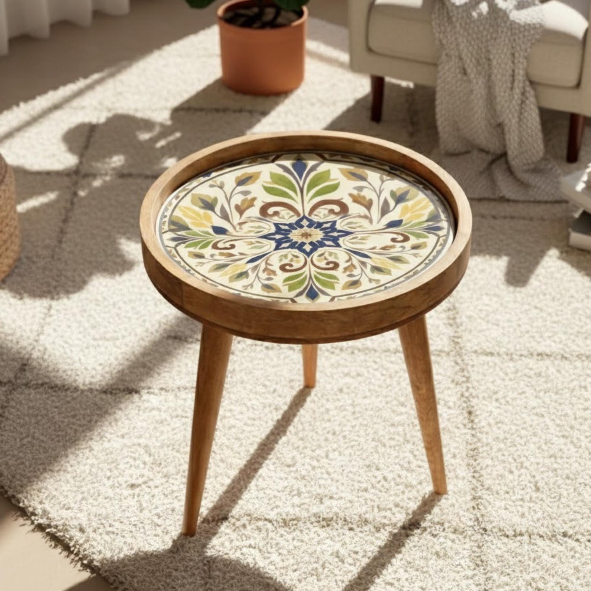 Handmade Mango Wood Side Table | Vintage Tile Print Round Accent Table